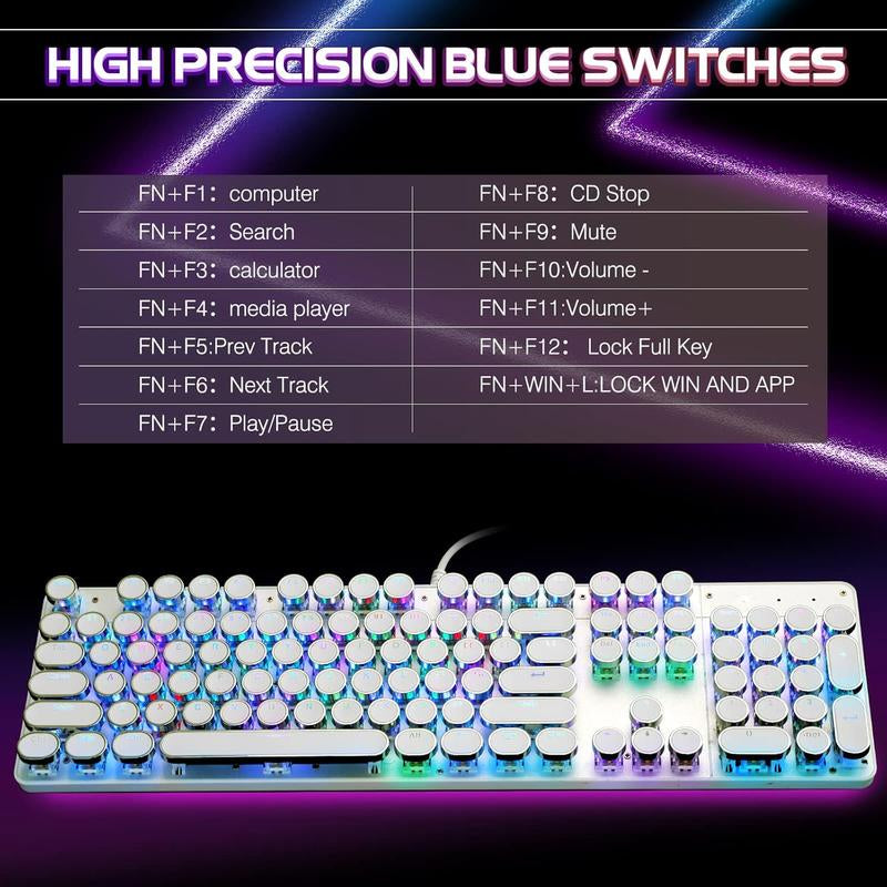 Typewriter Style Mechanical Gaming Keyboard RGB Backlit Wired with Blue Retro round Keycap 104 Keyboard (White 104 RGB)