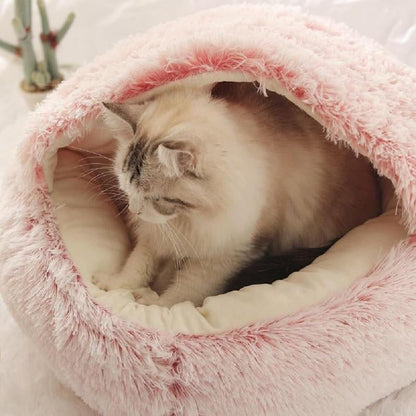Warm Cat Bed round Plush Fluffy Hooded Cat Bed Cave, Cozy for Indoor Cats or Small Dog Beds, Soothing Pet Beds Doughnut Calm Anti-Nxiety Dog Bed - Waterproof Bottom Washable, 20Inches Soft 2-In-1 Covered Cat Bed Cushion