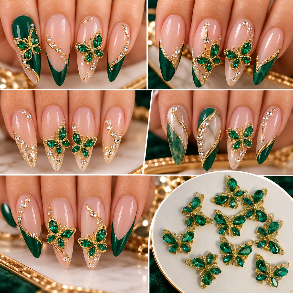 Queen - Nail Charms 10pc - #022 Gold Green Small Crystal Butterflies