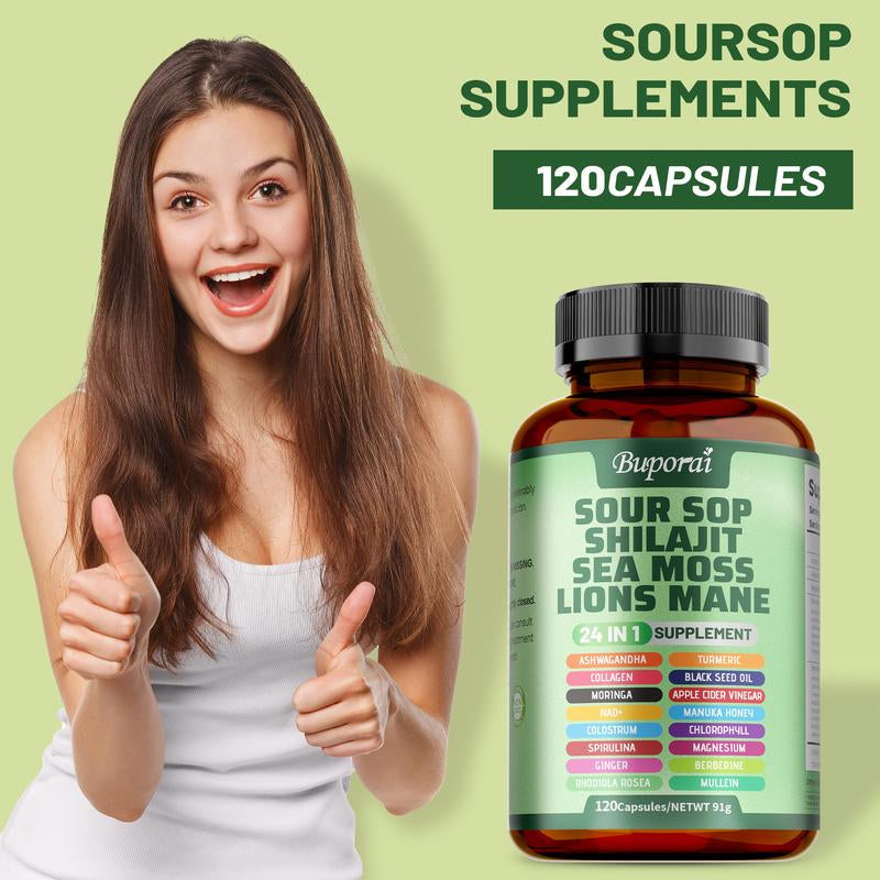 Buporai-Soursop Blend Dietary Supplement Capsules, Containing Soursop Blend, Vitamin C, Supports Skin Health, Relieves Stress, Supports Joint and Bone Health
