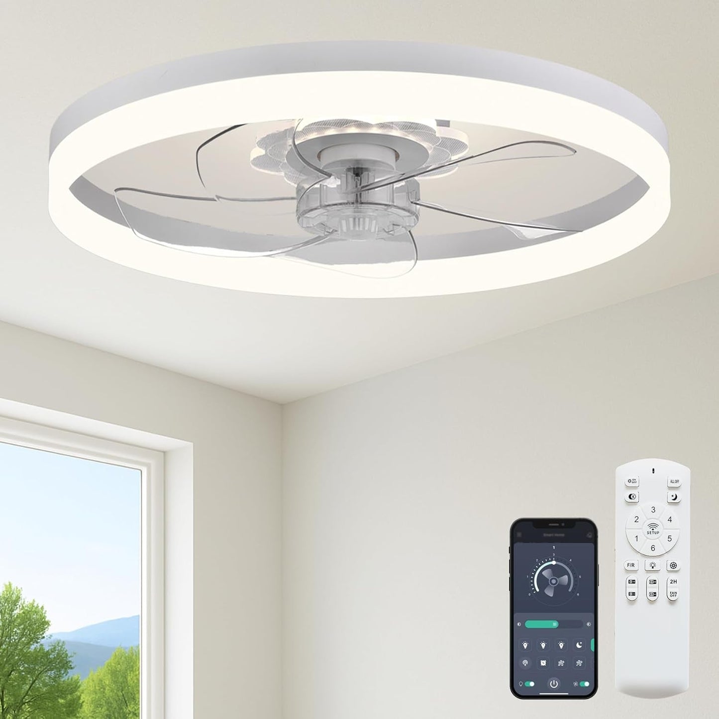 20‘’ Ceiling Fan with Light, Upgraded Low Profile Fan, Flush Mount Ceiling Fan, 6 Speeds, Dimmable LED, App & Remote Control, Quiet DC Motor, for Bedroom, Living Room, F115 White