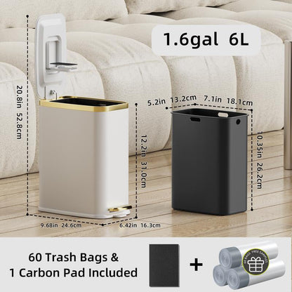 1.6 Gal Slim Bathroom Trash Can with Slow-Closed Lid, Step Pedal, 6L Stainless Steel Garbage Can with Removable Inner Bucket, Built-In Odor Filter, Small Wastebasket for Bathroom, Toilet, Home Office, Bedroom