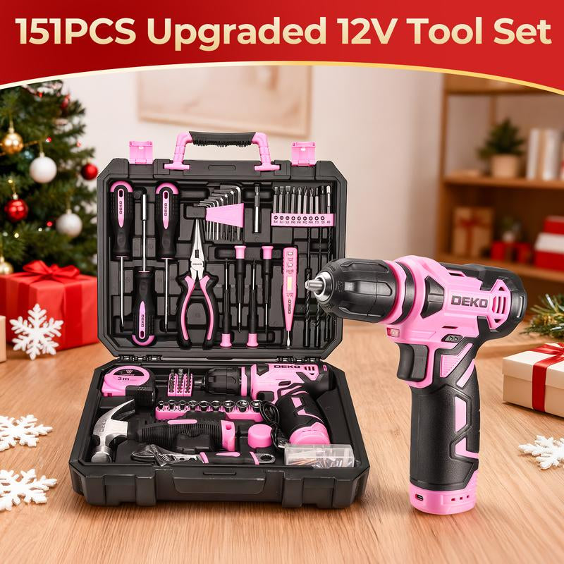 DEKOPRO 126-Piece Pink Household Tool Set with 8V Cordless Drill, Rechargeable Battery, All-In-One Compact Tools Kit, Perfect Christmas Gift, Ideal for Home Repairs & DIY Projects