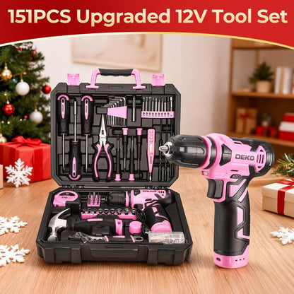 DEKOPRO 126-Piece Pink Household Tool Set with 8V Cordless Drill, Rechargeable Battery, All-In-One Compact Tools Kit, Perfect Christmas Gift, Ideal for Home Repairs & DIY Projects