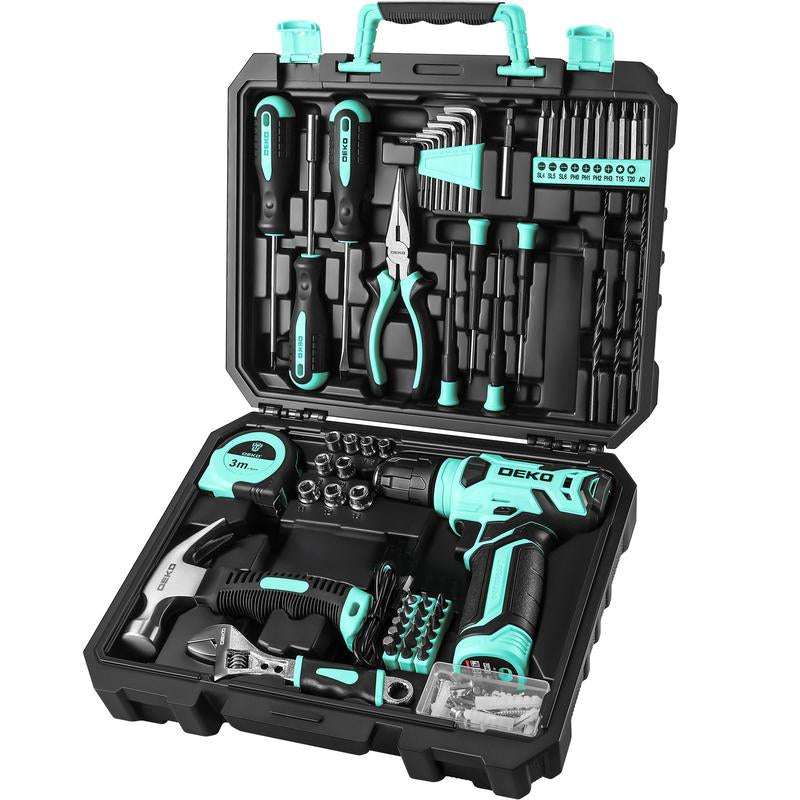 DEKOPRO 126-Piece Pink Household Tool Set with 8V Cordless Drill, Rechargeable Battery, All-In-One Compact Tools Kit, Perfect Christmas Gift, Ideal for Home Repairs & DIY Projects