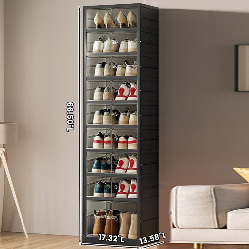 NLDD Extra-Wide & Tall 9-Tier Shoe Cabinet Holds 18 Pairs Clear Doors Wheels for Effortless Storage Stackable Reinforced Frame Ventilation Holes