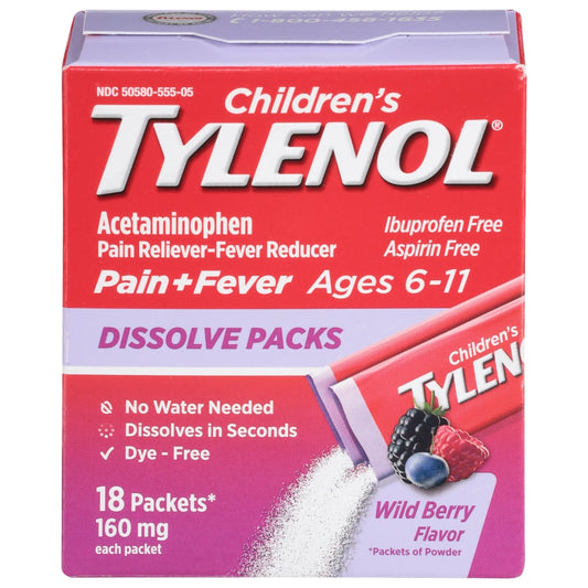 Children's Tylenol Dissolve Packs, Pain & Fever Relief, Wild Berry, 18 Count
