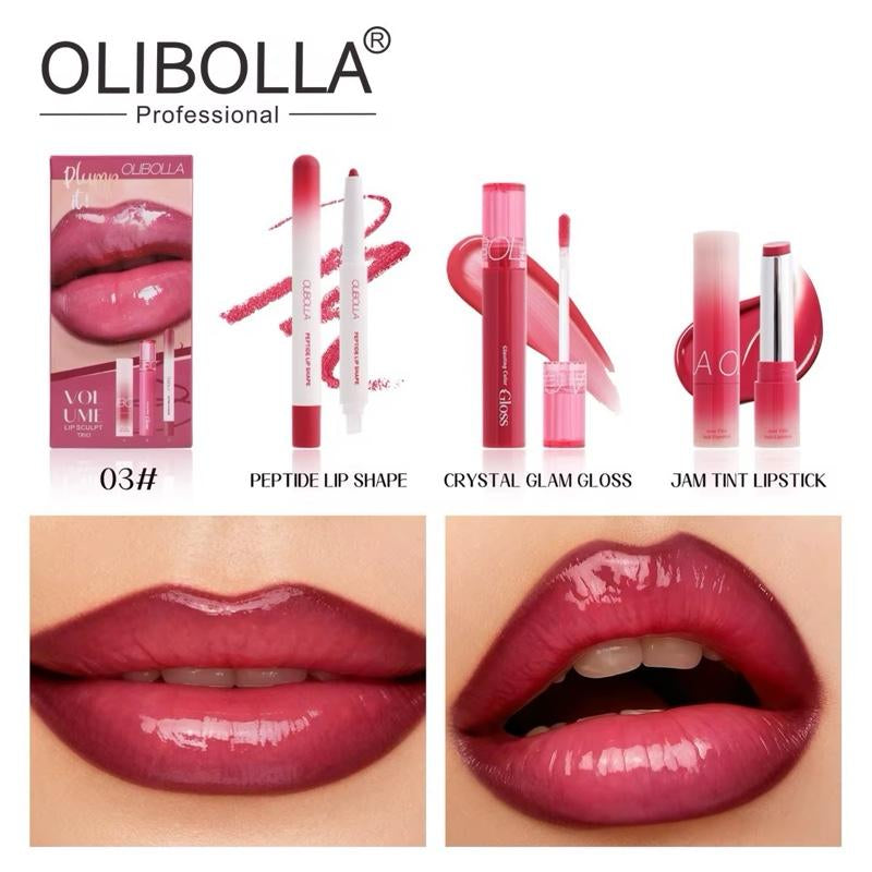 OLIBOLLA Volume Lip Sculpt Trio Set Lip Liner Lipstick Lip Glaze 3-In-1 Easy Color Gift Box for Flawless Glossy Lips