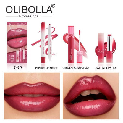 OLIBOLLA Volume Lip Sculpt Trio Set Lip Liner Lipstick Lip Glaze 3-In-1 Easy Color Gift Box for Flawless Glossy Lips
