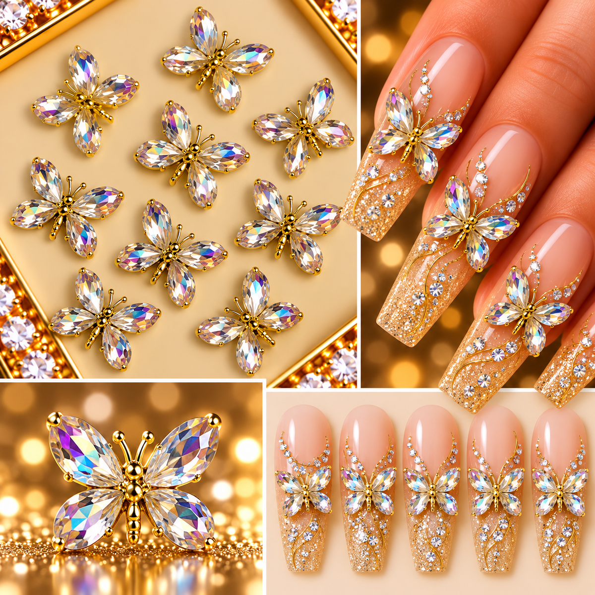 Queen - Nail Charms 10pc - #312 Gold Iridescent Crystal Winged Butterflies
