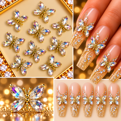 Queen - Nail Charms 10pc - #312 Gold Iridescent Crystal Winged Butterflies