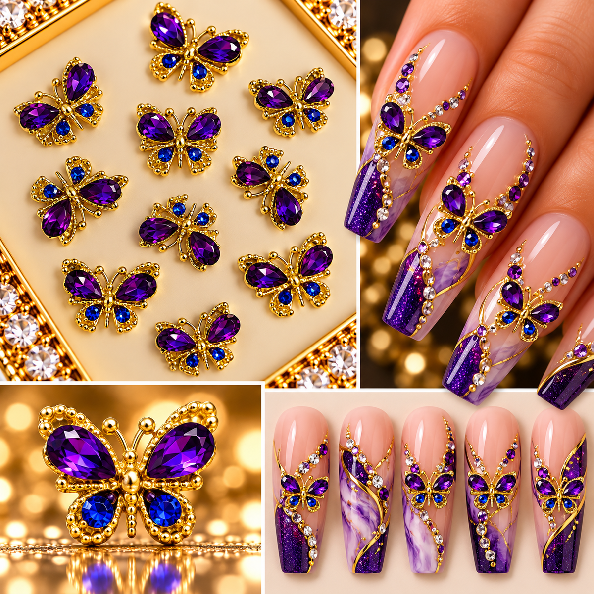 Queen - Nail Charms 10pc - #111 Gold Sapphire Gem Butterflies