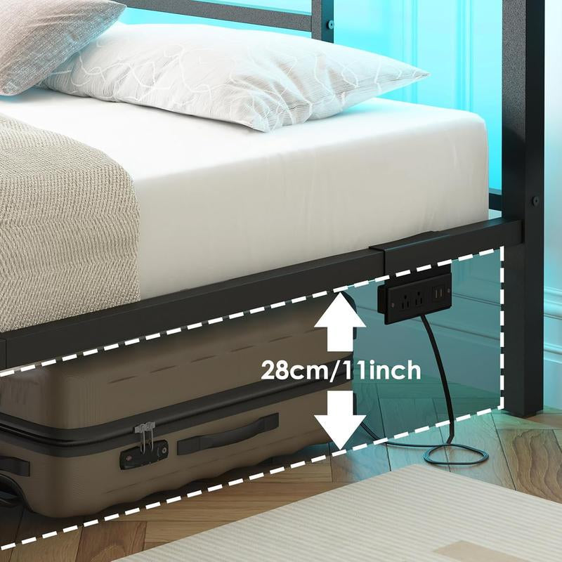 Full Size LED Bed Frame with Charging Station, Metal Platform Bed with USB Ports & Outlets, Heavy Duty Frame with under Bed Storage, Easy Assembly