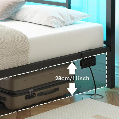Full Size LED Bed Frame with Charging Station, Metal Platform Bed with USB Ports & Outlets, Heavy Duty Frame with under Bed Storage, Easy Assembly