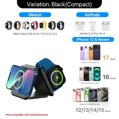 UNIQNOVA 3In1 Wireless Fast Charging Station for Iphone 17/16/15/14/13/12 Series, Airpods 3/2/Pro, Iwatch - Mag-Safe Metallic Foldable Charger Stand
