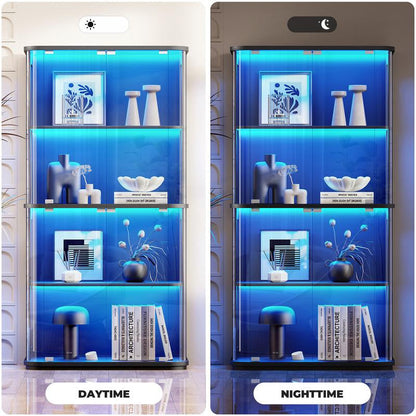 MIIFUNY 65" Rounded Display Cabinet with Glass Door, 4-Tier Curio Cabinet with Transparent Full-Display Surface for Collectibles, Glass Display Case with 3 Color Lights, Human Body Sensor, Black