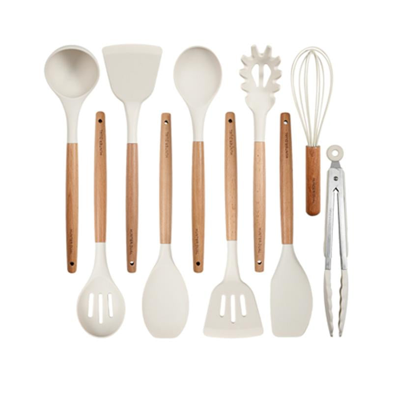 Silicone Cooking Utensils Set 10 Pcs - BPA Free Kitchen Utensil Set with Heat-Resistant Wood Handles, Non-Scratch Spatula Set Safe for Nonstick Cookware (Black)
