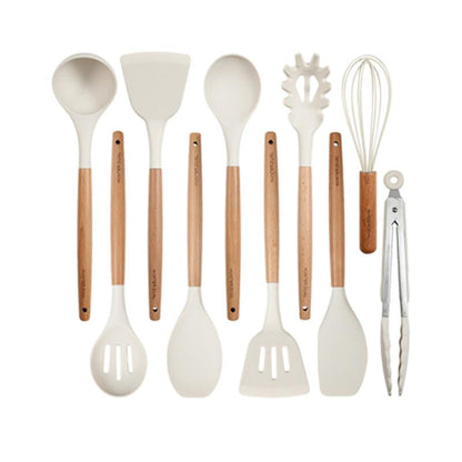 Silicone Cooking Utensils Set 10 Pcs - BPA Free Kitchen Utensil Set with Heat-Resistant Wood Handles, Non-Scratch Spatula Set Safe for Nonstick Cookware (Black)