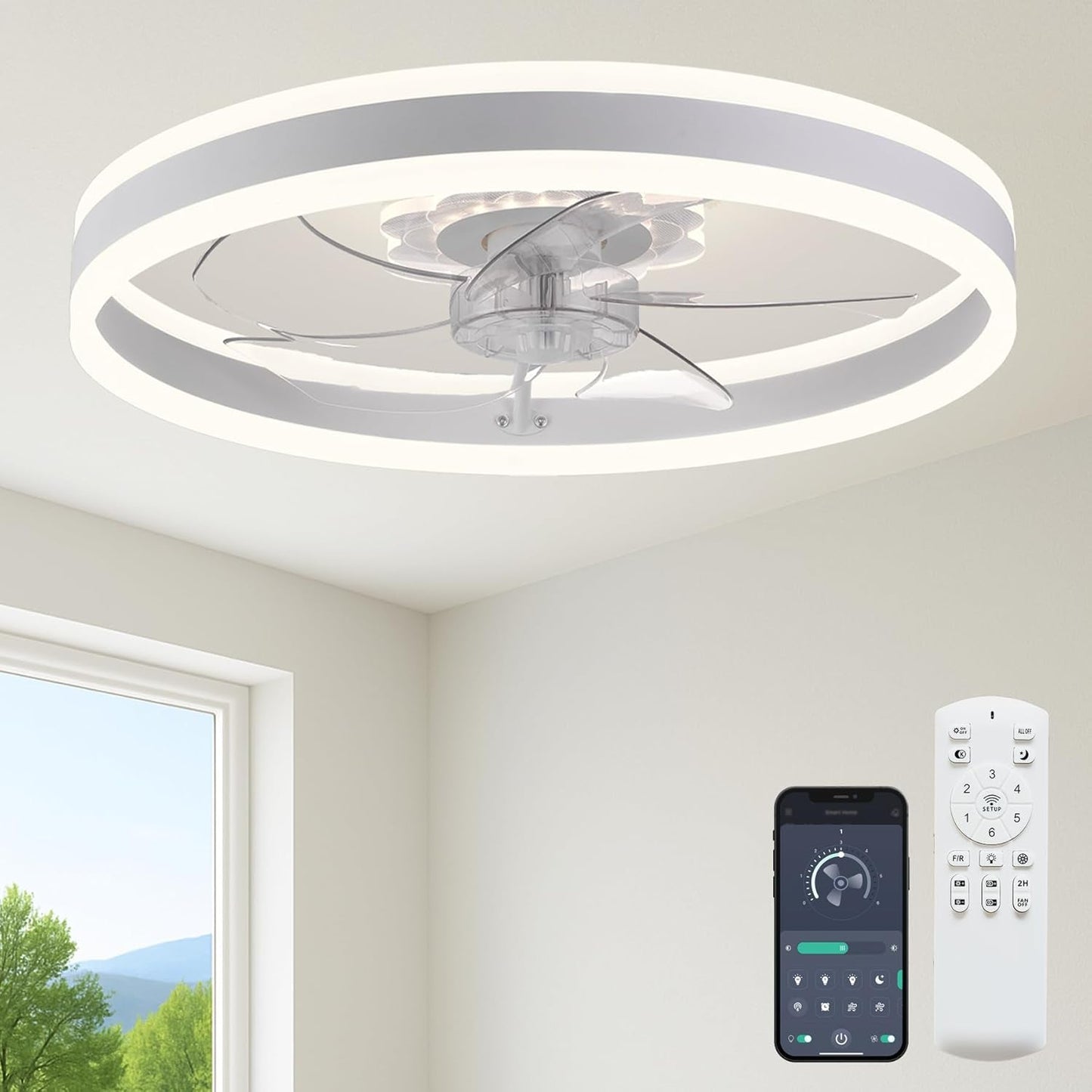 20‘’ Ceiling Fan with Light, Upgraded Low Profile Fan, Flush Mount Ceiling Fan, 6 Speeds, Dimmable LED, App & Remote Control, Quiet DC Motor, for Bedroom, Living Room, F115 White