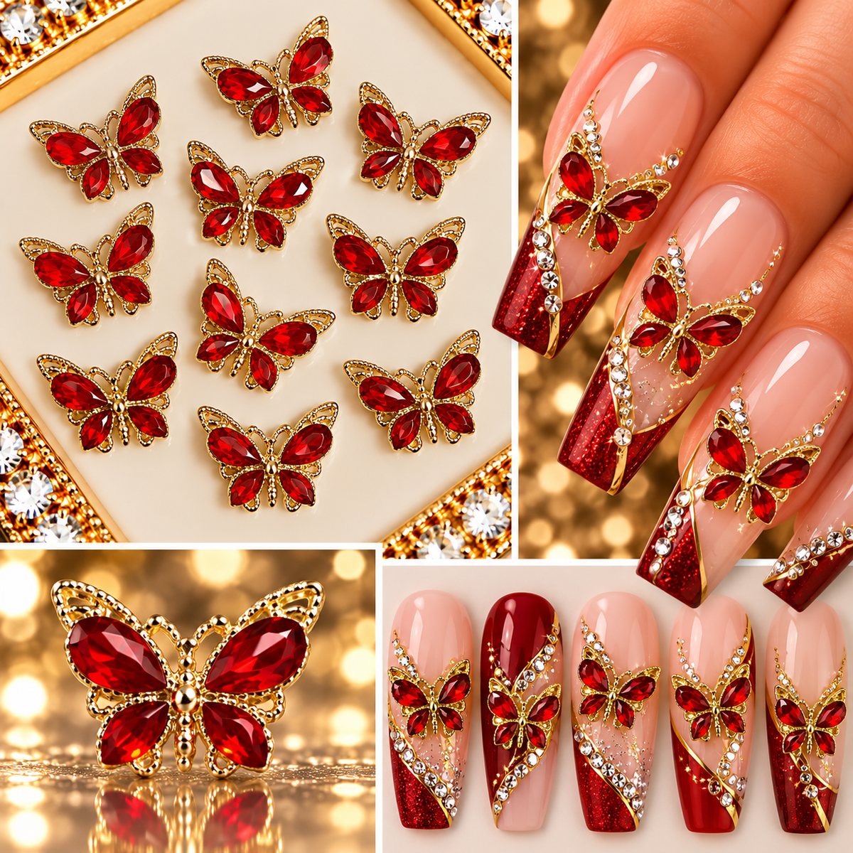 Queen - Nail Charms 10pc - #027 Gold Ruby Crystal Butterflies