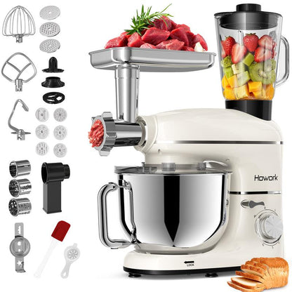 HOWORK 6.5QT 8-In-1 Multifunctional Stand Mixer | 660W 6-Speed 6.5QT Kitchen Mixer with Meat Grinder, Blender & Pasta/Cookie Maker | Perfect for Home Cooks