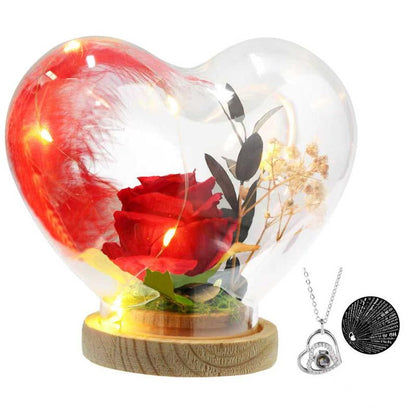 Handmade Rose Heart Glass Case with LED Lights & "I Love You" Necklace in 100 Languages Perfect for Valentine'S Day Anniversaries Birthdays Christmas Gifts for Women