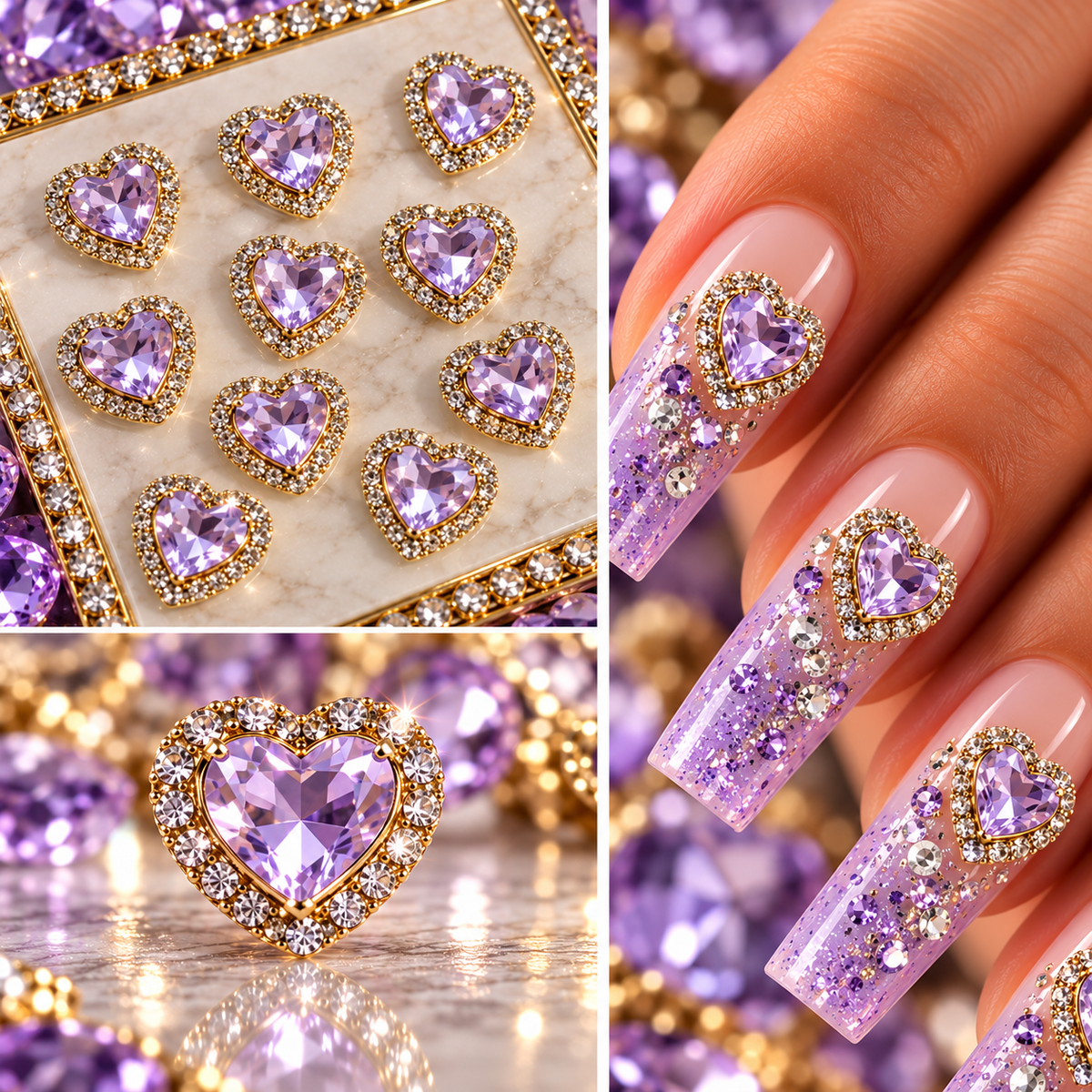 Queen - Nail Charms 10pc - #198 Gold Purple Hearts with Surrounding Crystals