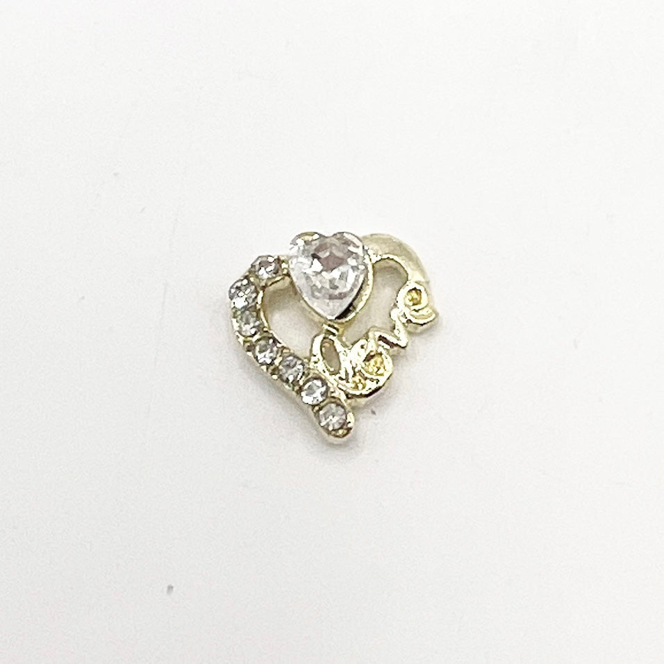 Queen - Nail Charms 10pc - #143 Gold Hearts with Clear and White Crystals