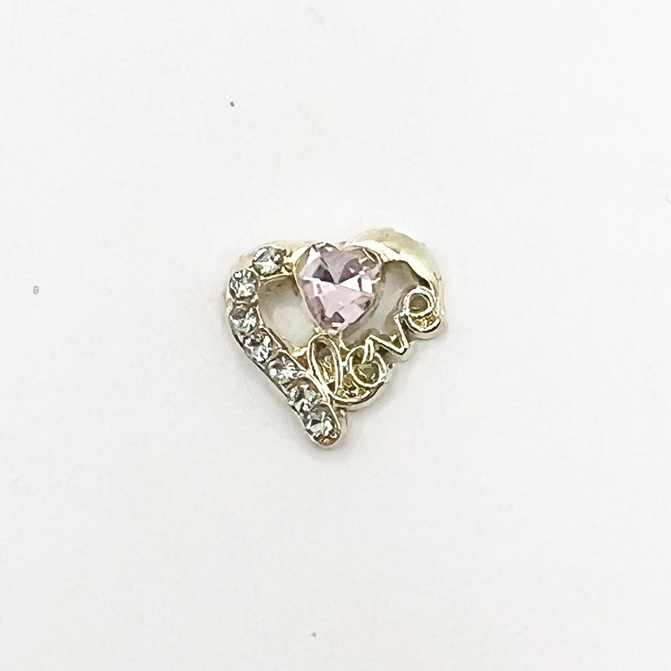 Queen - Nail Charms 10pc - #145 Gold Hearts with Clear and Pink Crystals