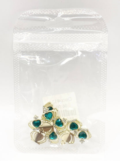 Queen - Nail Charms 10pc - #138 Gold Green Heart Crowns