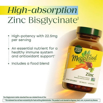 MegaFood Zinc Vegan Immune Support High Potency Fermented Zinc Tablets 60ct - New
