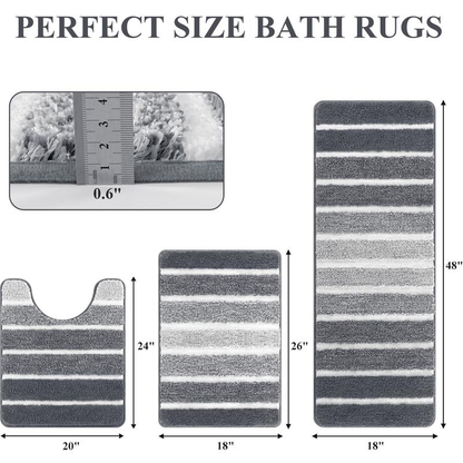 HEBE Washable Bathroom Rug Mat Set 3 Piece, Microfiber Shaggy Bath Set, Non-Slip Ultra Soft Carpet Mats, Absorbent with U-Shaped Toilet for Bathroom, Tub, Shower