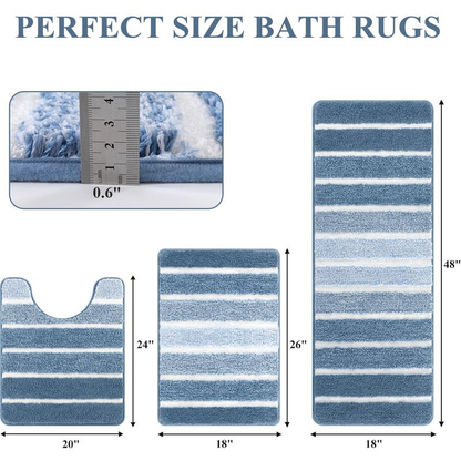 HEBE Washable Bathroom Rug Mat Set 3 Piece, Microfiber Shaggy Bath Set, Non-Slip Ultra Soft Carpet Mats, Absorbent with U-Shaped Toilet for Bathroom, Tub, Shower
