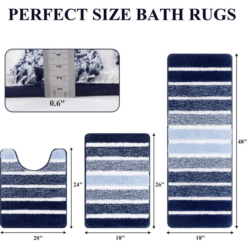 HEBE Washable Bathroom Rug Mat Set 3 Piece, Microfiber Shaggy Bath Set, Non-Slip Ultra Soft Carpet Mats, Absorbent with U-Shaped Toilet for Bathroom, Tub, Shower