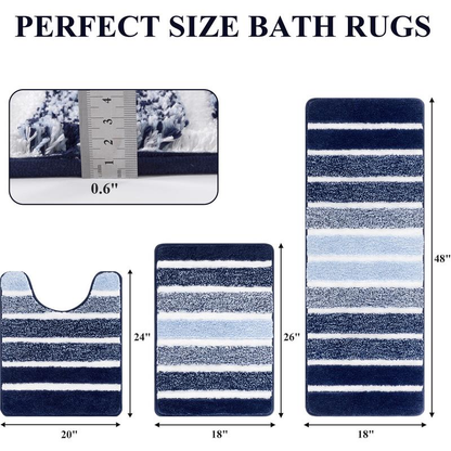 HEBE Washable Bathroom Rug Mat Set 3 Piece, Microfiber Shaggy Bath Set, Non-Slip Ultra Soft Carpet Mats, Absorbent with U-Shaped Toilet for Bathroom, Tub, Shower
