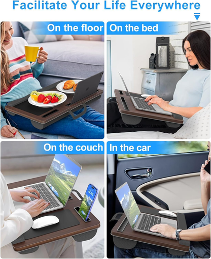 HETTHI Laptop Lap Desk, Portable Large Laptop Desk for Bed, up to 17 in Lap Table with Wrist Rest, Mouse Pad, Tablet Phone Slot, Portable Handle, Lap Tray with Cushion (Dark Brown)