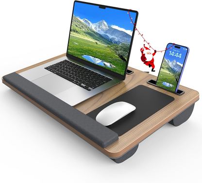 HETTHI Laptop Lap Desk, Portable Large Laptop Desk for Bed, up to 17 in Lap Table with Wrist Rest, Mouse Pad, Tablet Phone Slot, Portable Handle, Lap Tray with Cushion (Dark Brown)