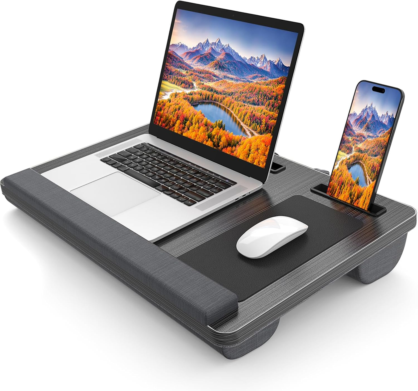 HETTHI Laptop Lap Desk, Portable Large Laptop Desk for Bed, up to 17 in Lap Table with Wrist Rest, Mouse Pad, Tablet Phone Slot, Portable Handle, Lap Tray with Cushion (Dark Brown)