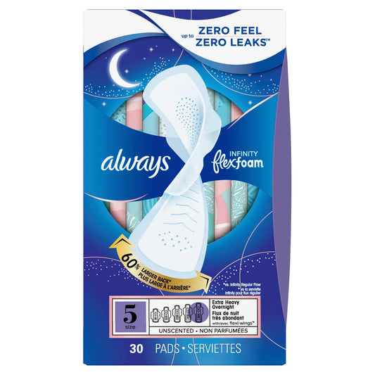 Always Infinity FlexFoam Pads, Size 5 Extra Heavy Overnight 3 Packs of 30