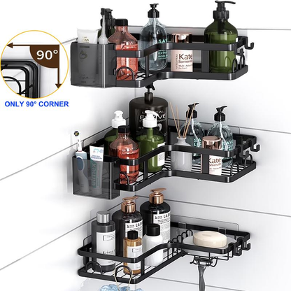 PHANCIR 5 PCS Corner Shower Caddy, No Drilling Stainless Steel Shower Storage Rack with Hooks & Toothpaste Holder for Bathroom, Black