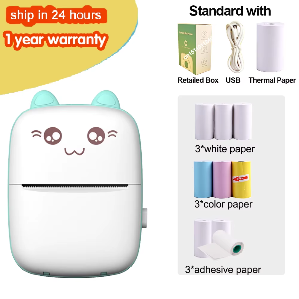Portable Mini Thermal Printer Wirelessly BT 203Dpi Photo Label Memo Wrong Question Printing Paper USB Cable Imprimante Portable