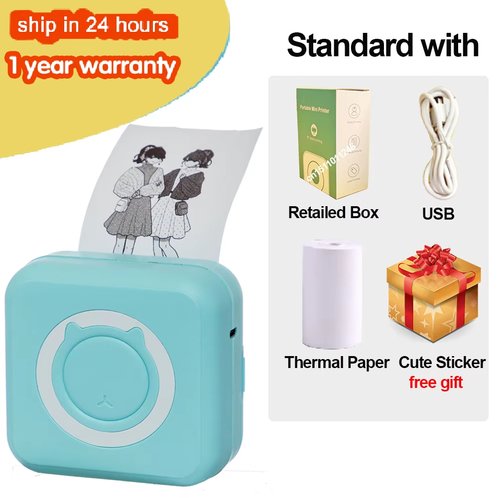Portable Mini Thermal Printer Wirelessly BT 203Dpi Photo Label Memo Wrong Question Printing Paper USB Cable Imprimante Portable