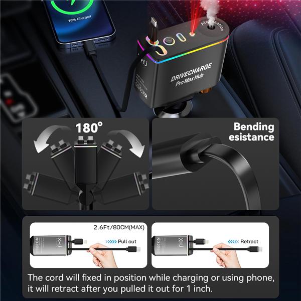 Smart Car Air Freshener & Essential Oil Diffuser with Intelligent Sensing and Mood Lighting - Retractable Charger & Starlight Aromatherapy Diffuser, Ideal Gift for Men& Travel