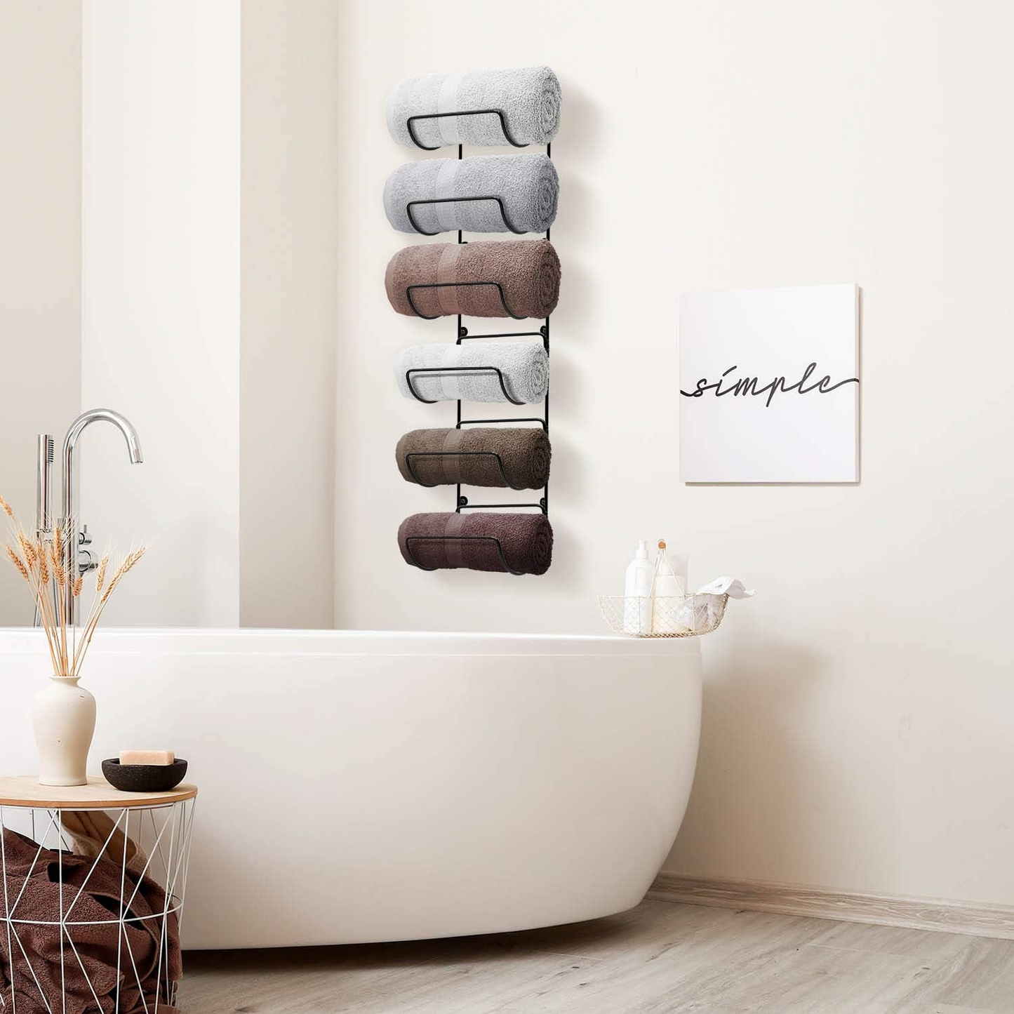 Towel Rack Wall Mount – 6 Compartments of Black Metal Bathroom Towel Holder Set - Bathroom Organizer, for Gym Spa, Camper, Rv, Back of Door, Cabinet - Wine Rack Wall Mounted for Kitchen