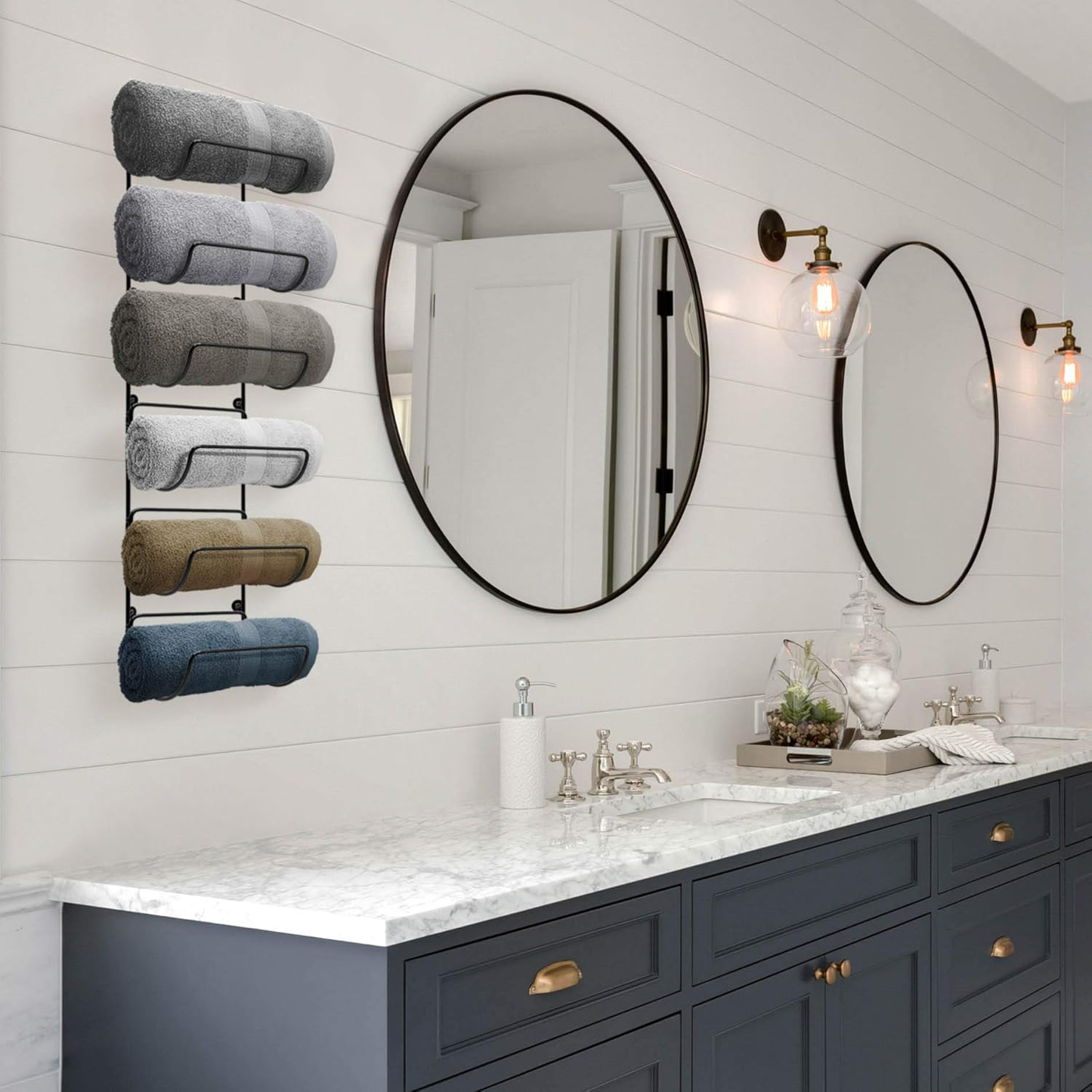 Towel Rack Wall Mount – 6 Compartments of Black Metal Bathroom Towel Holder Set - Bathroom Organizer, for Gym Spa, Camper, Rv, Back of Door, Cabinet - Wine Rack Wall Mounted for Kitchen