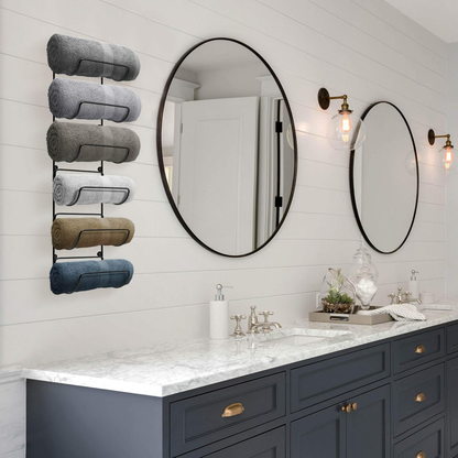Towel Rack Wall Mount – 6 Compartments of Black Metal Bathroom Towel Holder Set - Bathroom Organizer, for Gym Spa, Camper, Rv, Back of Door, Cabinet - Wine Rack Wall Mounted for Kitchen