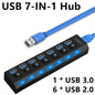 USB HUB 3.0 2.0 Adapter Expander High Speed 7 Ports Multi USB Splitter Multiple USB Extender with LED Lamp Switch for PC Laptop
