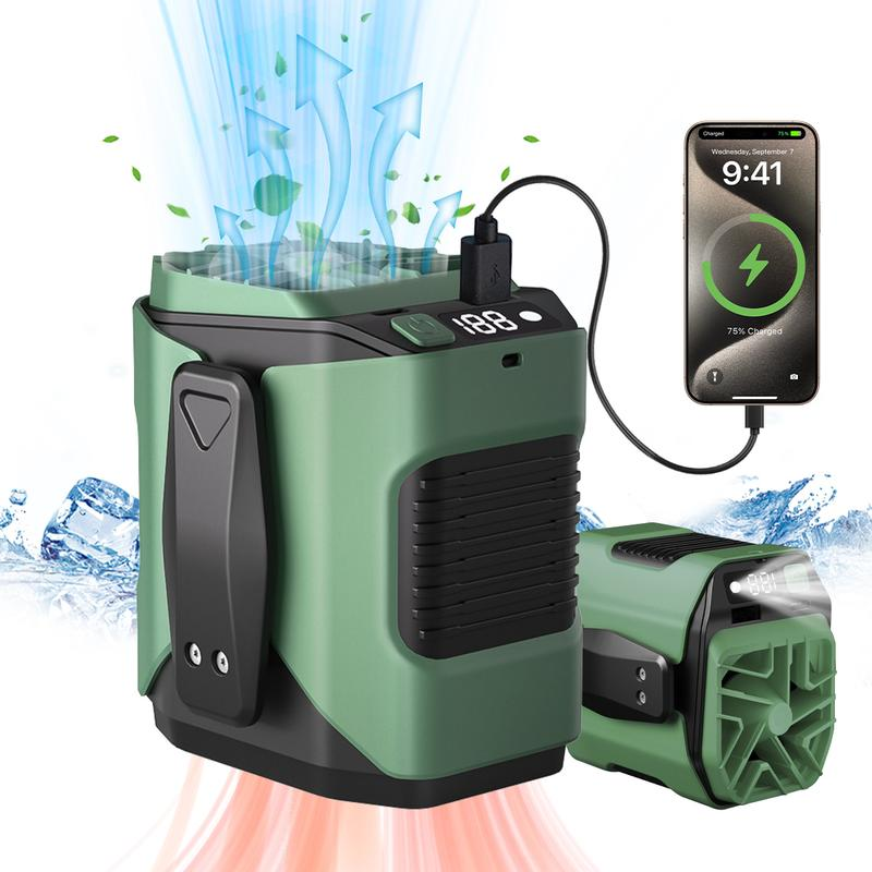 Upgrade Personal Portable Waist Clip Fan, Rechargeable 5000Mah Battery Power Bank,10 Speeds 10000RPM Strong Airflow, LED Light, up to 8H of Working Time, Hands-Free Hanging Neck Fan, Wearable Belt Fan for Camping, Outdoor, Jobsite,Farms,Traveling,Fishing
