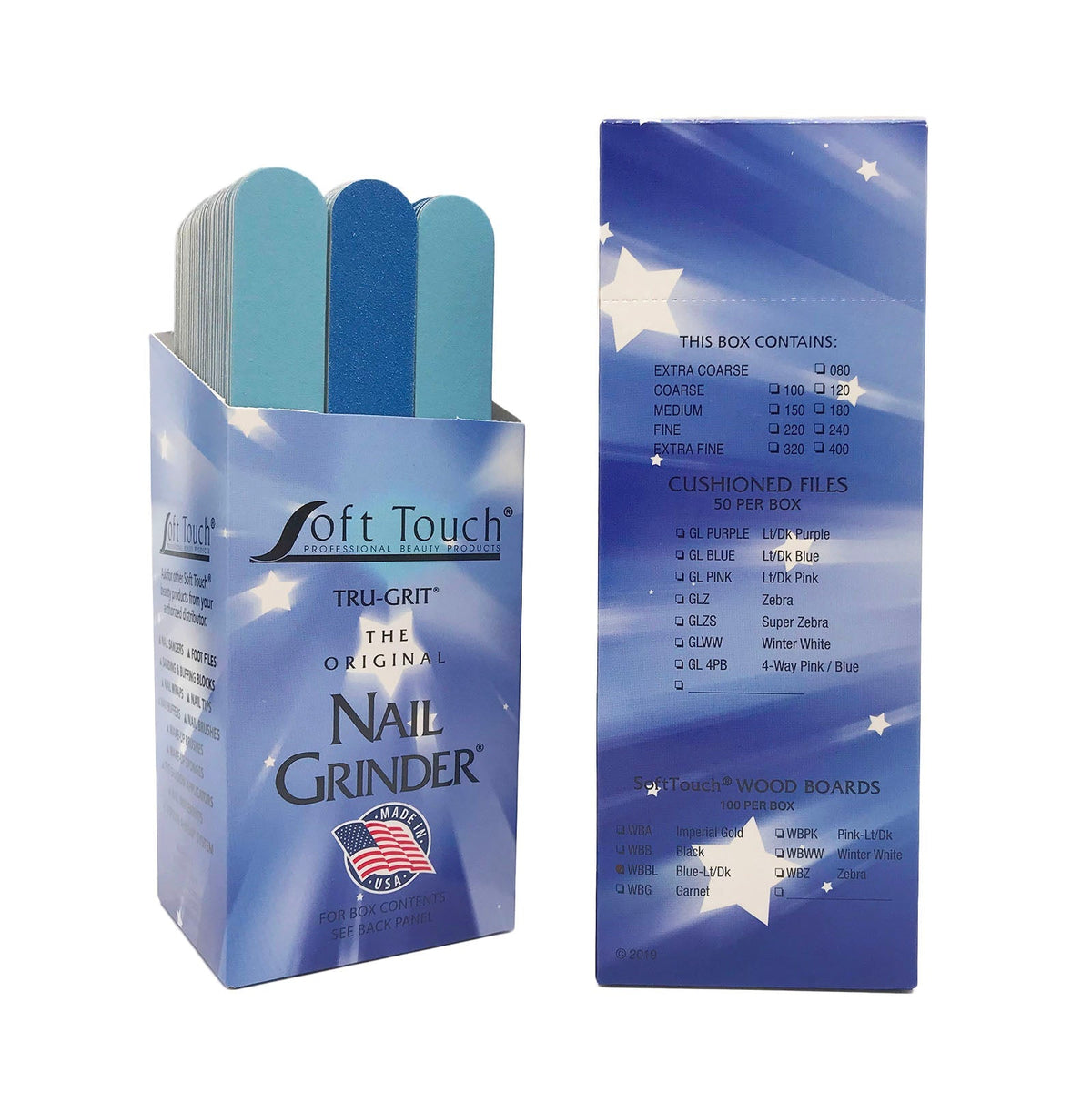 Soft Touch - 7" x 1 1/8" Wood Emery Board Lt/Dk Blue Nail Files. Grit 120/240