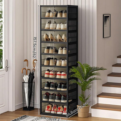 NLDD Extra-Wide & Tall 9-Tier Shoe Cabinet Holds 18 Pairs Clear Doors Wheels for Effortless Storage Stackable Reinforced Frame Ventilation Holes